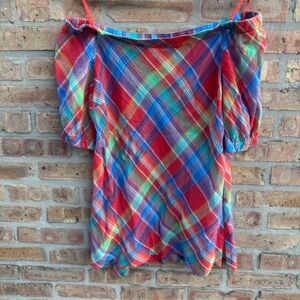 Ralph Lauren Colorful Plaid Off-Shoulder Blouse Sz M